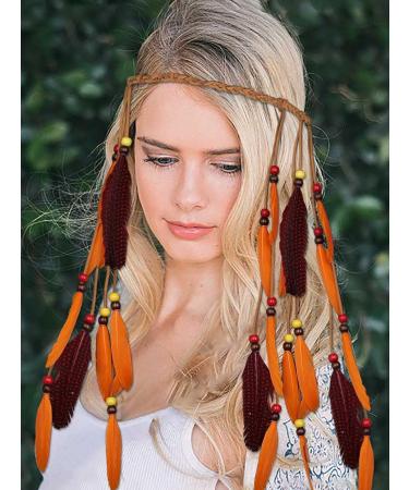 IYOU Boho Feather Headbands Orange Hippie Headpiece Tassel Headdress Gypsy India Hair Accessories for Women and Girls - Buy Online on GoSupps.com