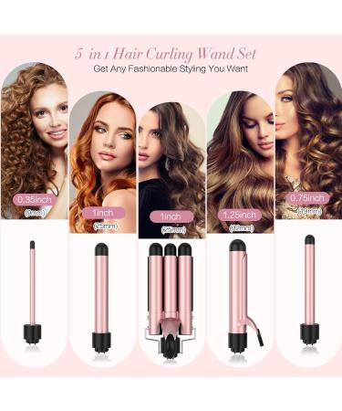 5 in 1 Curling Iron Set - Interchangeable Ceramic Curling Wand & Hair Crimper with Protective Gloves - Instant Heating Dual Temperature Stylish Pink - Buy Online on GoSupps.com
