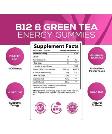 Energy Gummies with Vitamin B12, Green Tea & Guarana Extract - 60 Vegan Gummies for Daily Energy Boost, Raspberry Flavor - Non-GMO & Delicious Chewable Supplement for Men and Women - Buy Online on GoSupps.com