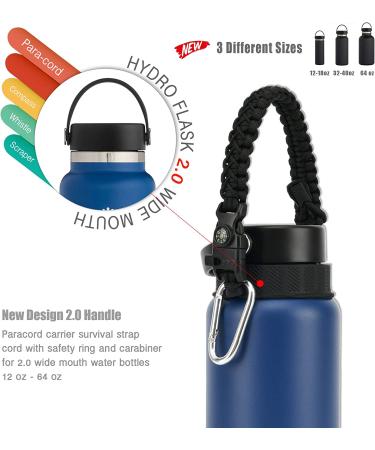 QeeCord 2.0 Paracord Handle for Hydroflask 2.0 - Wide & Standard Mouth | Strap Carrier with Safety Ring Holder | Fits 12oz-64oz Bottles | Black - Buy Online on GoSupps.com