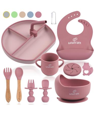 Baby Weaning Set by Bebefant Suction Bowl Suction Plate Baby Cup Adjustable Bib with Pocket Bamboo Fork & Spoon for Baby Led Weaning Baby Feeding Set (Large Pink) Pink - Large Set
