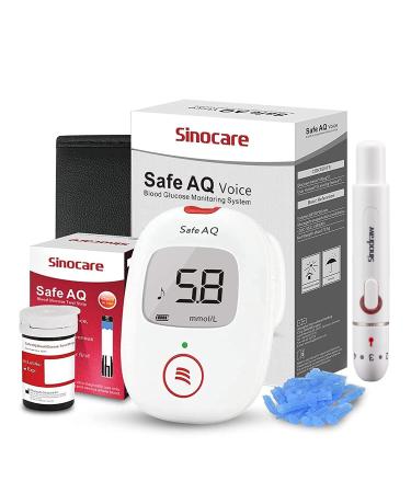 sinocare Diabetes Testing Kit/Blood Sugar Monitor Safe AQ Voice/Glucometer with Voice Reminder and Light Warning/Blood Sugar Test Kit with Lancing Devices & Strips x 25 -in mmol/L Safe AQ Voice 25kit