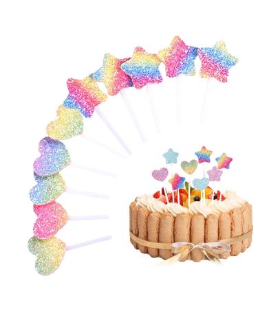 Shiny Rainbow Cupcake Topper 10CS Vivid Colorful Gradient Shiny Heart Stars Cupcake Toppers for Cake Decorations DIY Happy Birthday Cake Toppers for Kids Boys Girls Party Supplies