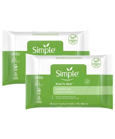 Simple Kind to Skin Facial Wipes Gentle and Effective Makeup Remover Cleansing Free from color and dye artificial perfume and harsh chemicals, 25 Count (Pack of 2)