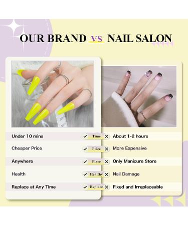 Jofay Fashion Fluorescent Yellow Long Coffin Press on Nails - 24pcs | Reusable Glossy False Nails with Glue for Women and Girls - Buy Online on GoSupps.com