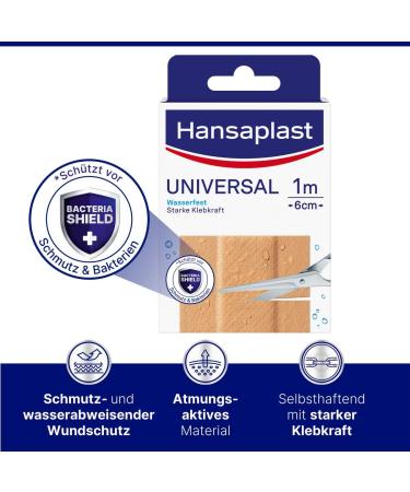 Hansaplast Universal Pavement Roll (2-Pack) - Water & Dirt-Repellent Wound Protection with Strong Adhesive & Bacteria Shield - 1m x 6cm - Buy Online on GoSupps.com