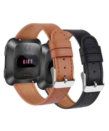 2 Pack BOTNUW Leather Bands Compatible with Fitbit Versa 2 Bands / Versa Bands / Fitbit Versa SE / Versa Lite Wristbands Fitness Smart Watch, Soft Replacement Leather Strap Bands for Women Men black&brown