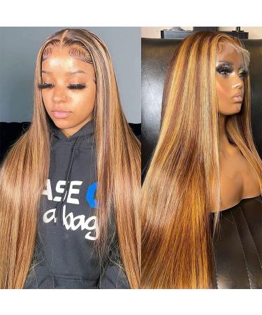 Alibeauty 13x5 Highlight Ombre Lace Front Wigs Human Hair Pre Plucked HD Transparent 4/27 Honey Blonde Straight Lace Front Wigs Human Hair Wigs for Black Women 180 Density Colored T Lace Frontal Wigs with Baby Hair 20inc...