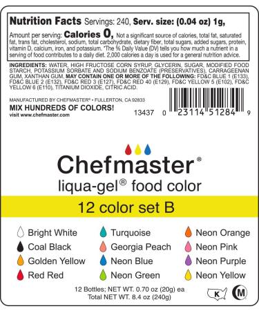 Chefmaster Liqua-Gel Food Coloring 12 Color Set B - Vibrant Fade-Resistant Colors - Easy-to-Blend Formula - 12 Pack - Made in USA - Buy Online on GoSupps.com