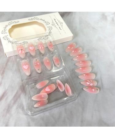 Pink Love Heart Bow Press On Nails | Long Almond Glitter Rhinestones | Reusable Acrylic Stick On Nails for Women - DIY Charm Manicure - Buy Online on GoSupps.com