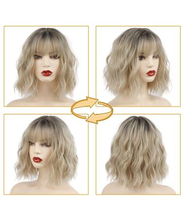 MISSQUEEN Short Ombre Blonde Wavy Bob Wig with Bangs - Synthetic Curly Pastel Bob for Women, Colorful Cosplay Omber Blonde - Buy Online on GoSupps.com