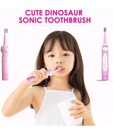 Kids Dinosaur Sonic Electric Toothbrush with Timer - 5 Modes, 8 Heads, Rechargeable - Ages 3-12 - Pink - Buy Online on GoSupps.com