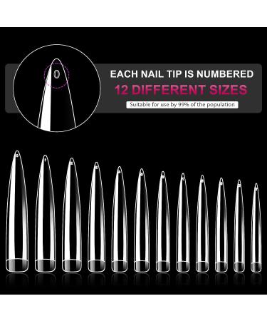 AORAEM Clear Extra Long Stiletto False Nail Tips 120 Pcs - 12 Sizes Acrylic Fake Nails - Buy Online on GoSupps.com