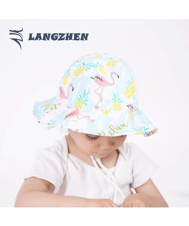 LANGZHEN Flamingo Beach Sun Hat for Baby Girls | Adjustable Wide Brim Toddler Kids Play Hat with Chin Strap - 1-2 Years - Buy Online on GoSupps.com
