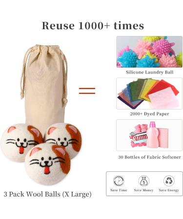XL Cute Cat Face Wool Dryer Balls - Handmade Reusable Fabric Softener | Organic Shorten Drying Time | 3 Pack for 1000+ Loads - Buy Online on GoSupps.com