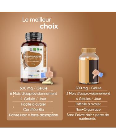 Ashwagandha Organic Extra Strong Capsules 600mg + Organic Black Pepper 5mg - 180 Vegan Capsules (6 Months) - Indian Ginseng or Withania Somnifera with Piperine - Certified by Organic Agriculture - Buy Online on GoSupps.com