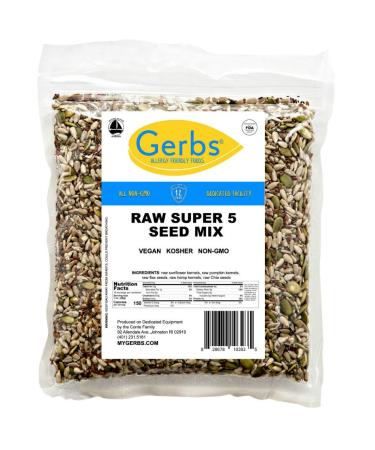 GERBS Super 5 Seed Snack Mix 1 LB. Premium Grade | Top 14 Food Allergy Free | Resealable Bulk Bag | Made in USA | Raw Pumpkin Sunflower Chia Hemp Flax Seed Trail Mix | Gluten Peanut Tree Nut Free 5 Seed Mix 1 Pound (Pack o