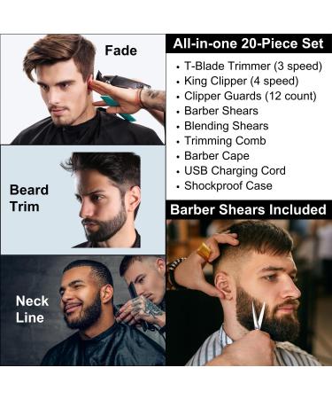 Multi-Speed Clipper Set | 20-Piece Men's Grooming Kit | T-Blade King Clipper & Rechargeable Hair Trimmers | Metal Grip & Carbon Steel Blades - Buy Online on GoSupps.com