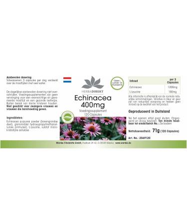 Echinacea 400mg - High Dose Vegan Capsules | 120 Ct | HERBADIREKT by Warnke Vitalstoffe - German Pharmacy Quality - Buy Online on GoSupps.com