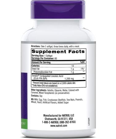 Natrol Tonalin CLA Softgels | Derived from Safflower | Promotes Lean Muscle Mass & Fat Metabolism | 1200mg, 60 Count | Weight Management Supplement - Buy Online on GoSupps.com