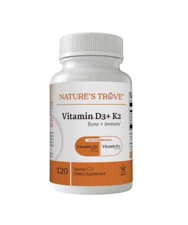 Nature's Trove Vitamin D3 5000 IU Plus K2 100mcg for Bone Health & Immune Support - 120 Tablets - 2-in-1 Formula 120 Count (Pack of 1)