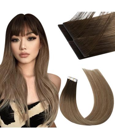 Moresoo Invisible Tape Extensions Real Hair Injection Hair Extension Real Hair Tape 50cm Real Hair Tape In Extensions Dark Brown to Brown With Blond Extensions Tape 5 Pieces 12.5 Gram #2/DXB/18 50 cm 2. Virgin #R2/DXB/18