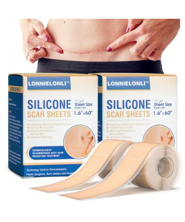 LONNIELONLI Silicone Scar Sheets(1.6 x 60 Roll-1.5M) 2 Pack Silicone Scar Tape Silicone Strips for Scar Healing Reusable Professional Scar Removal Sheets for C-Section Surgery Burn Keloid Acne et