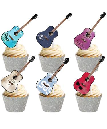 18pcs Glitter Dessert Cupcake Topper Cheer to Worldwide Popular Female Singer Guitar Theme Decor Pick for Fan Men Women Happy Birthday Party Decorations Supplies