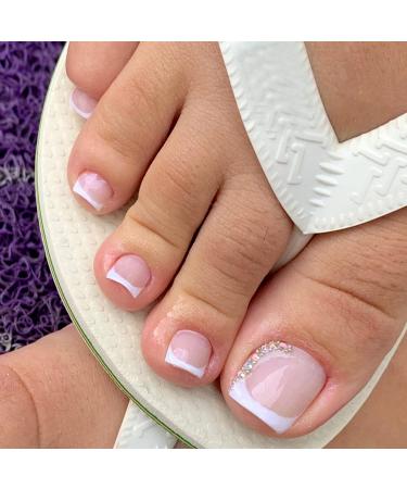 Pink French Tip Press on Toenails Square Short With Rhinestones Designs False Toe Nails Full Cover Stick on Nails Acrylic Artificial Toe Nails for Women Summer Fake Toenails Static Supplies 24Pcs Frenchh Tip With Rhinest...