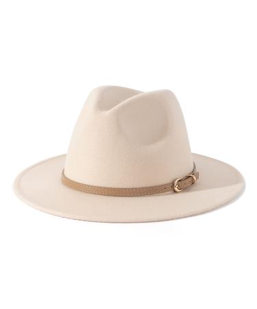 Lisianthus Women Classic Felt Fedora Wide Brim Hat with Belt Buckle Creamy