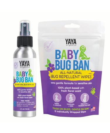 YAYA ORGANICS Baby Bug Ban Spray + Wipe Bundle - All-Natural Repellent Made with Essential Oils for Babies, Little Kids and Sensitive Skin (4 Ounce Spray + 12-Pack Wipe)