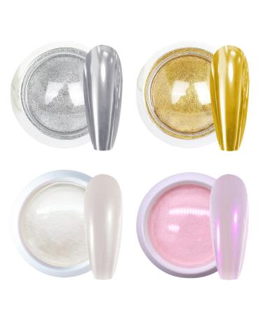 Poudre Chrome Ongle 4 Couleur Chrome Ongles Nail Art - Or Argent Blanc Perle Rose Aurore Effet Miroir M Tallique Poudre Pigment Ongle Pour Deco Ongle Nail Art 4 couleurs