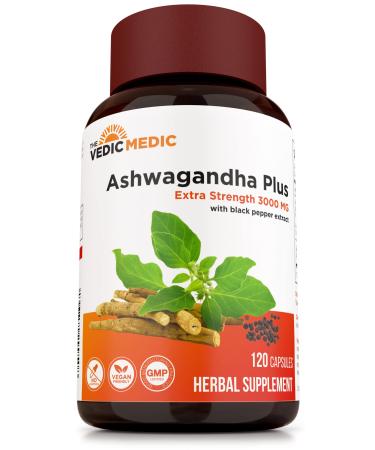 Organic Ashwagandha Capsules Extra Strength 3000mg with Black Pepper Extract - GMP Certified 120 Capsules - 2 to 4 Months Supply - Natural Supplement