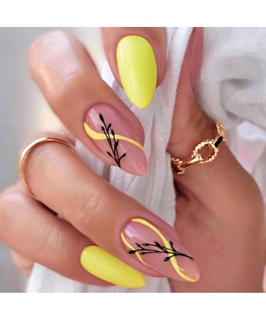 OKAQEE Nails Fake Nails Almond Solid Color Short Square False Nails with Glue (Yellow)