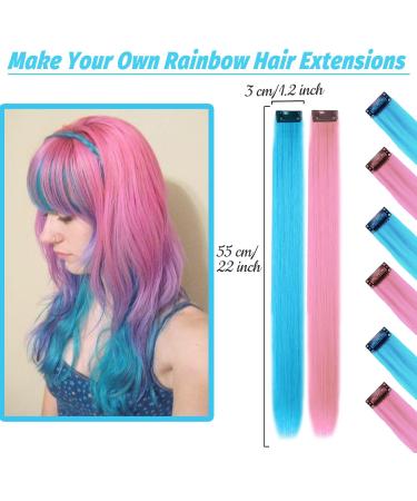 16Pcs Colored Clip in Hair Extensions 22 Inch - Long Heat-Resistant Synthetic Hair - Party Hair Decor - Pink+Sky Blue Light Blue+Red - Buy Online on GoSupps.com