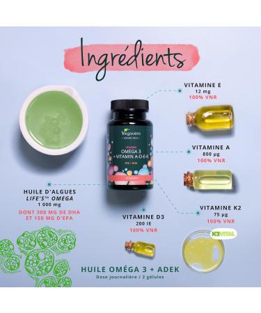 Omega 3 + Vitamins A D3 E K2 | Unique & VEGAN | With EPA and DHA | Premium Quality: life's OMEGA | Cardiovascular Health | 60 Capsules | Vegavero  - Buy Online on GoSupps.com