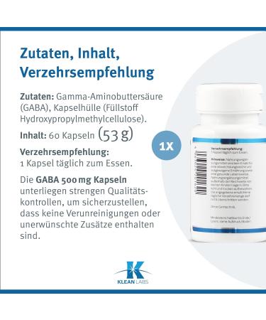 Klean Labs - GABA 500mg - 60 capsules - vegan non-GMO highly dosed - pure gamma-aminobutyric acid - Buy Online on GoSupps.com
