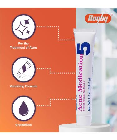 Rugby Acne Medication - Benzoyl Peroxide Gel USP 5% - Greaseless Vanishing Formula for Clear Skin - 1.5 Oz - Effective Acne Treatment - Buy Online on GoSupps.com