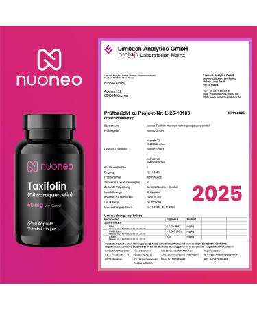  nuoneo Taxifolin 50mg - Dihydroquercetin with natural larch bark extract - 60 vegan capsules for a 2-month supply - Premium flavonoid with no additives - Laboratory tested and made in Germany - Buy Online on GoSupps.com