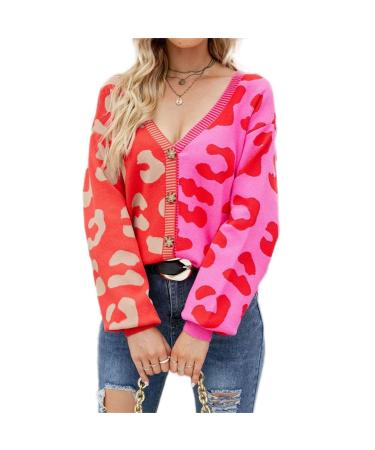 Hiraith Womens Leopard Print Long Sleeve Cardigan Coat Keep Warm for Fall Red L