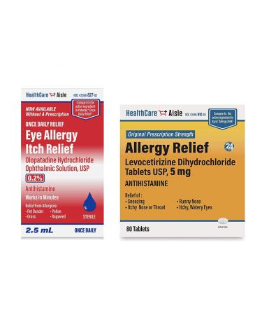 HealthCareAisle Allergy Bundle - Olopatadine Hydrochloride Ophthalmic Solution USP 0.2% 2.5mL and Levocetirizine Dihydrochloride Tablets USP 5 mg 80 Tablets