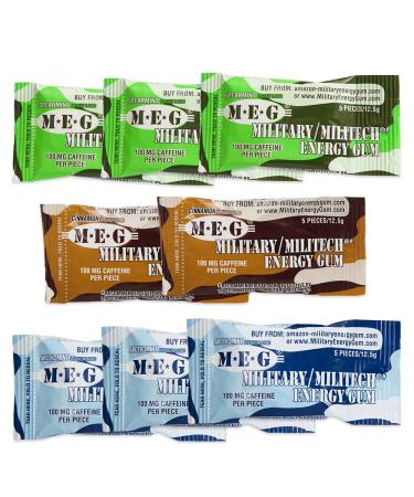 MEG - Military Energy Gum | 100mg of Caffeine Per Piece + Increase Energy + Boost Physical Performance + Multi Flavors of Arctic Mint , Spearmint, & Cinnamon + 8 Packs (40 Count)