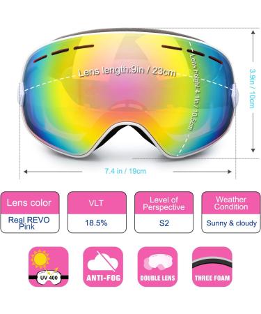 Ex Vision Snowboard Ski Glasses - UV400 Protection Anti-Fog Over Glasses Fit Spherical Lens - Pink for Men Women & Youth - Buy Online on GoSupps.com
