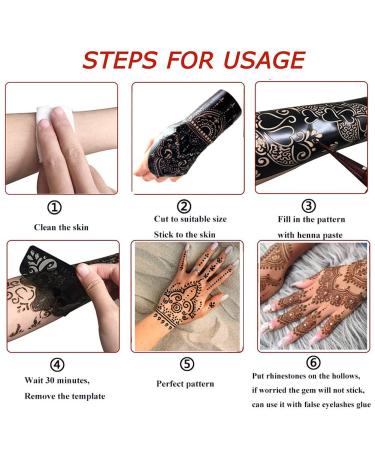 QSTOHENA 12 Sheets Large Henna Tattoo Stencils Kit - Reusable Self Adhesive Templates for Hand, Body Paint - Indian Arabian Designs for Women and Girls - Buy Online on GoSupps.com
