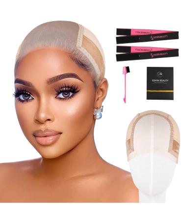 Lace Wig Grip Cap Women: 4x5 Transparent Swiss Lace Area - Non-slip Wig Gripper for Keeping Wigs Lace Front In Place - Stocking Dome Cap with Built In Elastic Headband (Light Brown)