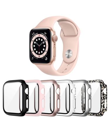 Landhoo 6 Pack case for Apple Watch Series SE/6/5/4 40mm Screen Protector with Tempered Glass Hard PC HD Full Cover Protective iwatch. Black+Clear+Pink+Rose gold+Silver+Classic Leopard only for 40mm