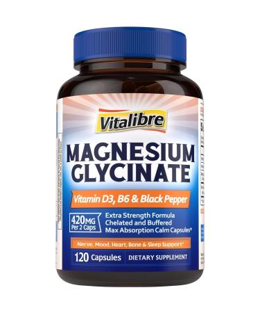 Magnesium Glycinate 420mg with Vitamin D3 & B6 | Chelated & Buffered Magnesium Supplement | High Absorption for Nerve Bone Heart Mood Sleep Support 120 Vegan Capsules Non-GMO 120 Count (Pack of 1)