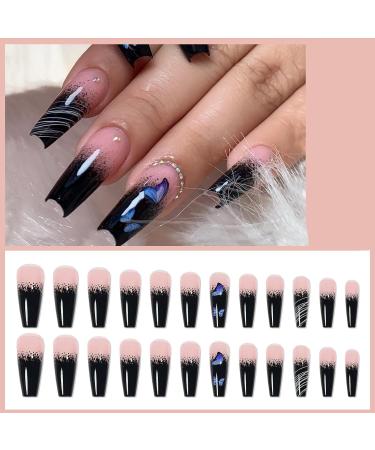 Justotry 24-Piece Black French Coffin Nails with Butterfly Designs - Press-On Ballerina Nails for Women - Buy Online on GoSupps.com