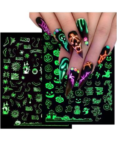 Halloween Nail Art Stickers Glow in The Dark Nail Decals 3D Self-Adhesive Fluorescent Nail Stickers Skull Spider Witch Ghost Pumpkin Bat Snake Nail Design for Women and Girls DIY Acrylic Nail - Buy Online on GoSupps.com