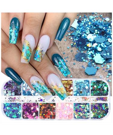 12 Grids Holographic Nail Art Glitter Flakes Hexagon Nail Glitter Sequins Mermaid Powder Flakes Shiny Hexagon Iridescent Nail Glitter Flake Chameleon Sequins for Women Manicure Decoration Accessories Glitters 11